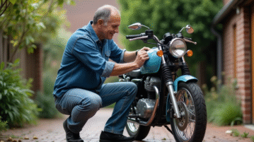 Homme vérifiant l'huile de sa moto en extérieur