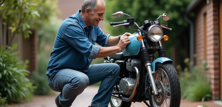 Homme vérifiant l'huile de sa moto en extérieur