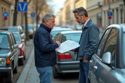 Homme d'âge moyen examinant une liste de voitures en ville