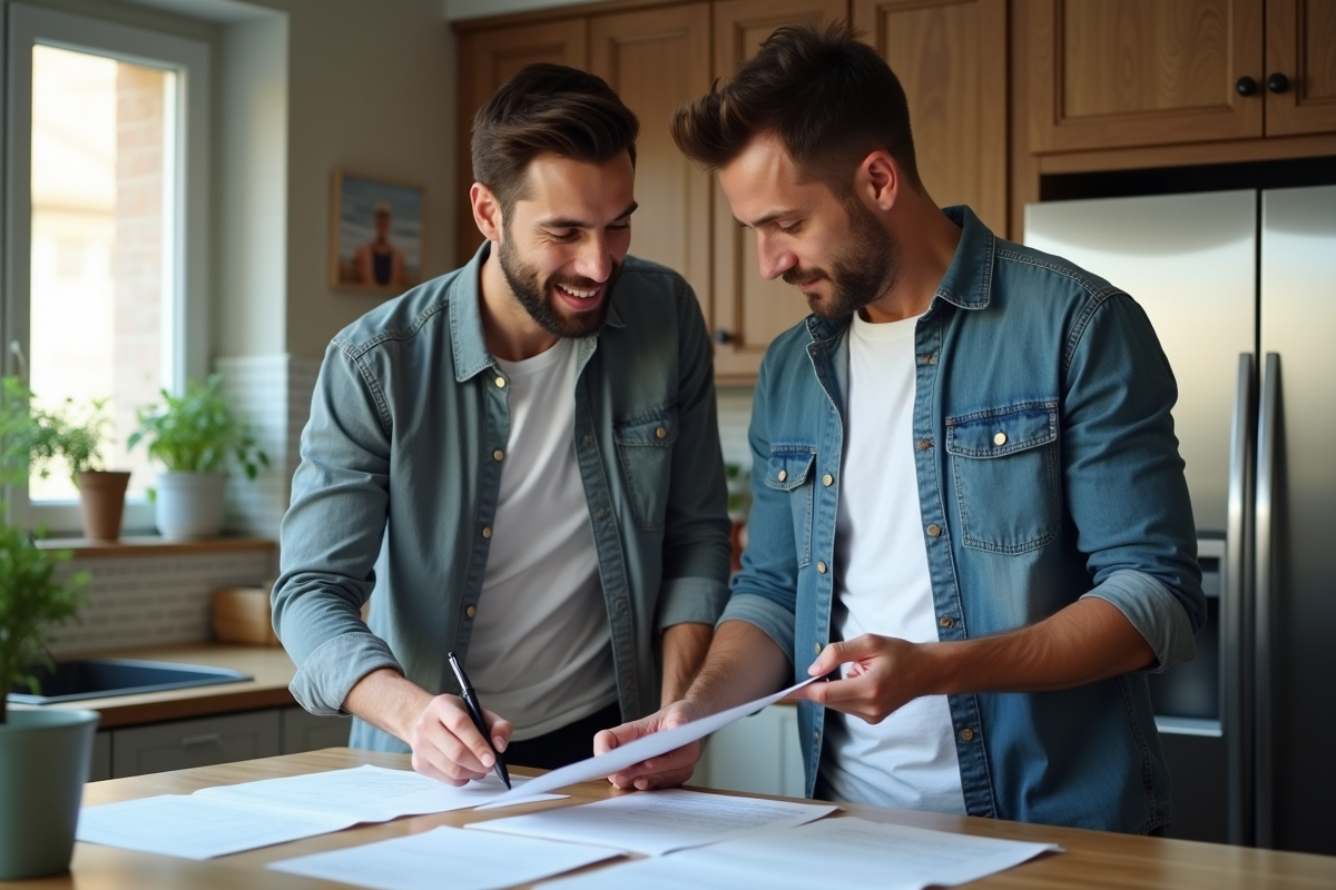 Deux hommes discutant de documents dans la cuisine