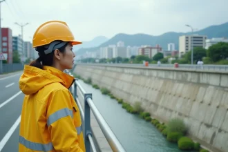 Ingénieur japonais en veste jaune près des digues modernes