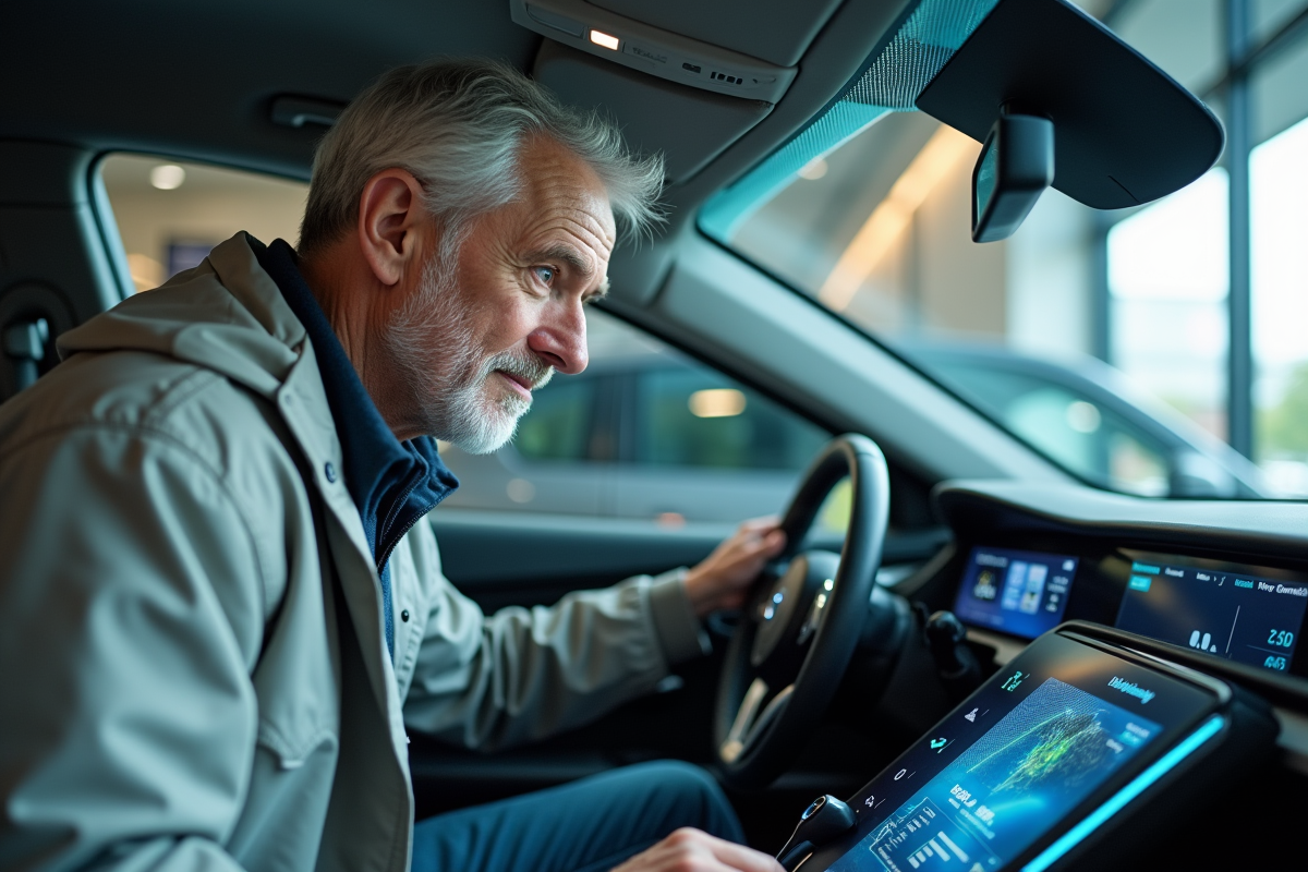 Ingénieur examine un tableau de bord dans un showroom écologique