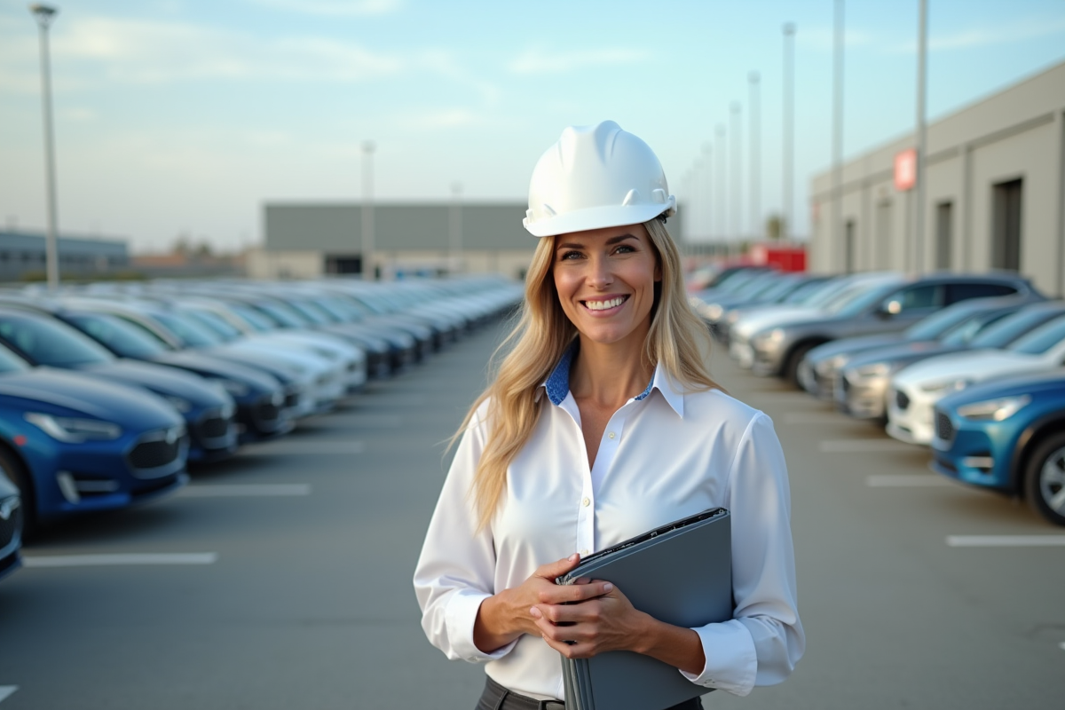Ingenieure souriante devant un lot de voitures électriques neuves