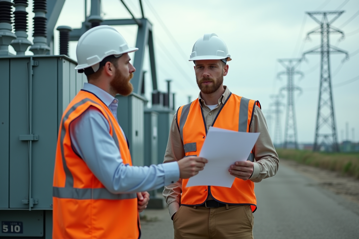 Ingénieurs en sécurité examinant un rapport sur site électrique