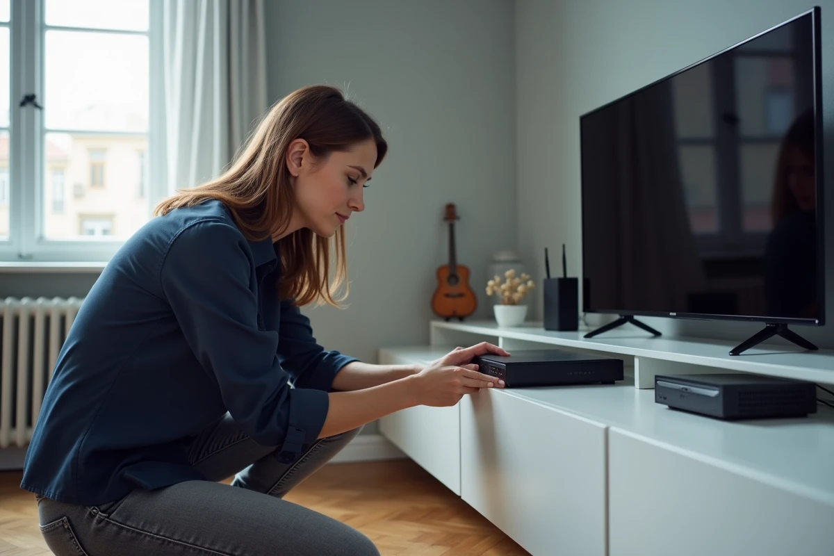 Femme inspectant un décodeur Freebox de près pour diagnostiquer un problème de réception de télécommande