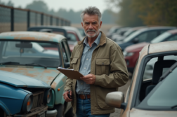 Homme inspectant une voiture dans une casse auto extérieure