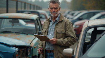 Homme inspectant une voiture dans une casse auto extérieure