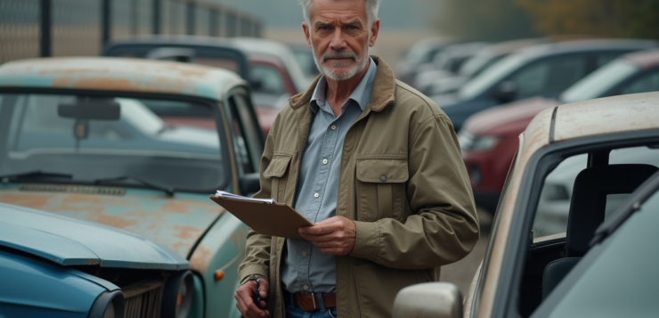 Homme inspectant une voiture dans une casse auto extérieure