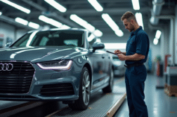 Voiture sur une rampe d inspection dans un garage moderne