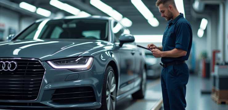 Voiture sur une rampe d inspection dans un garage moderne
