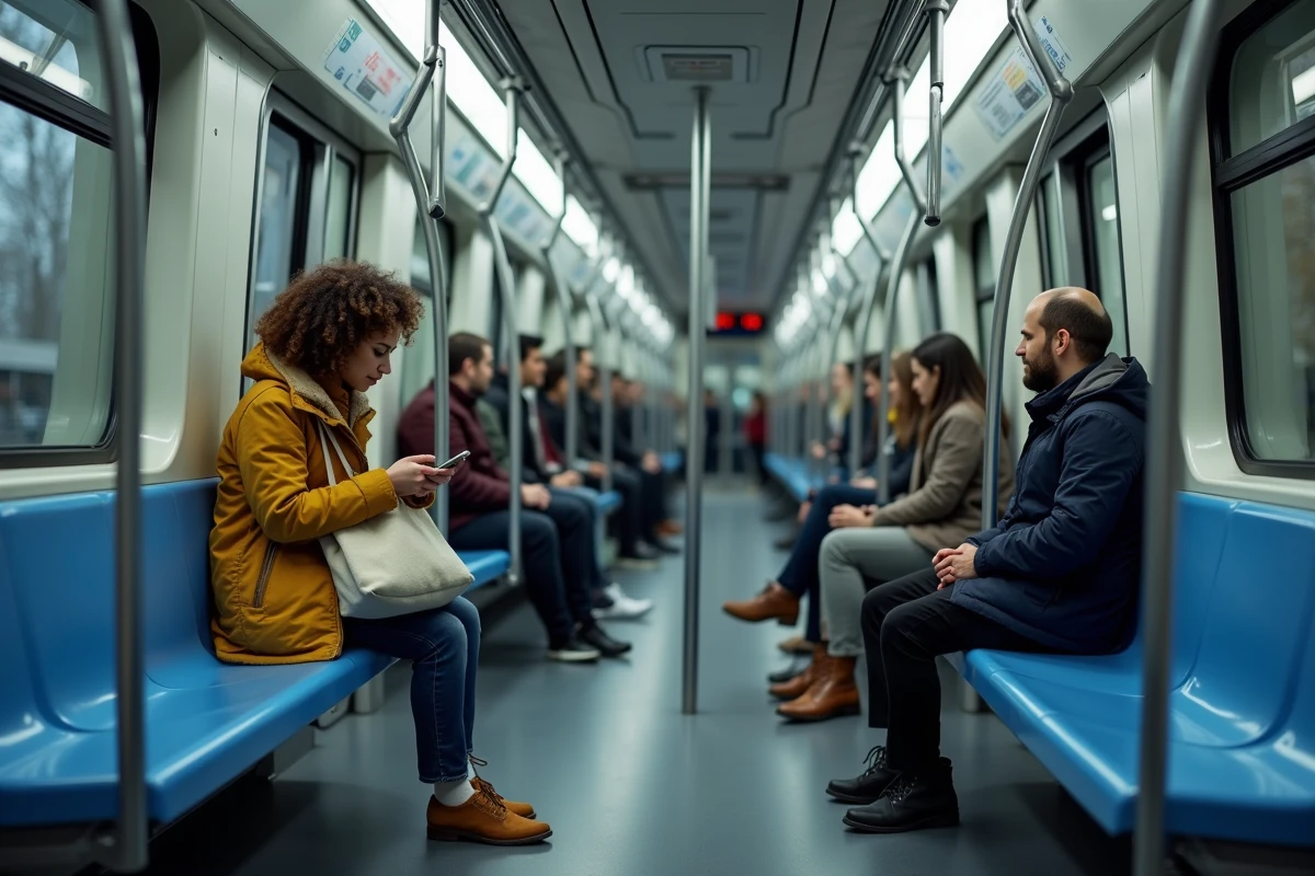 Intérieur d'une rame automatique de la ligne 14 du métro de Paris avec voyageurs dans le train en mouvement