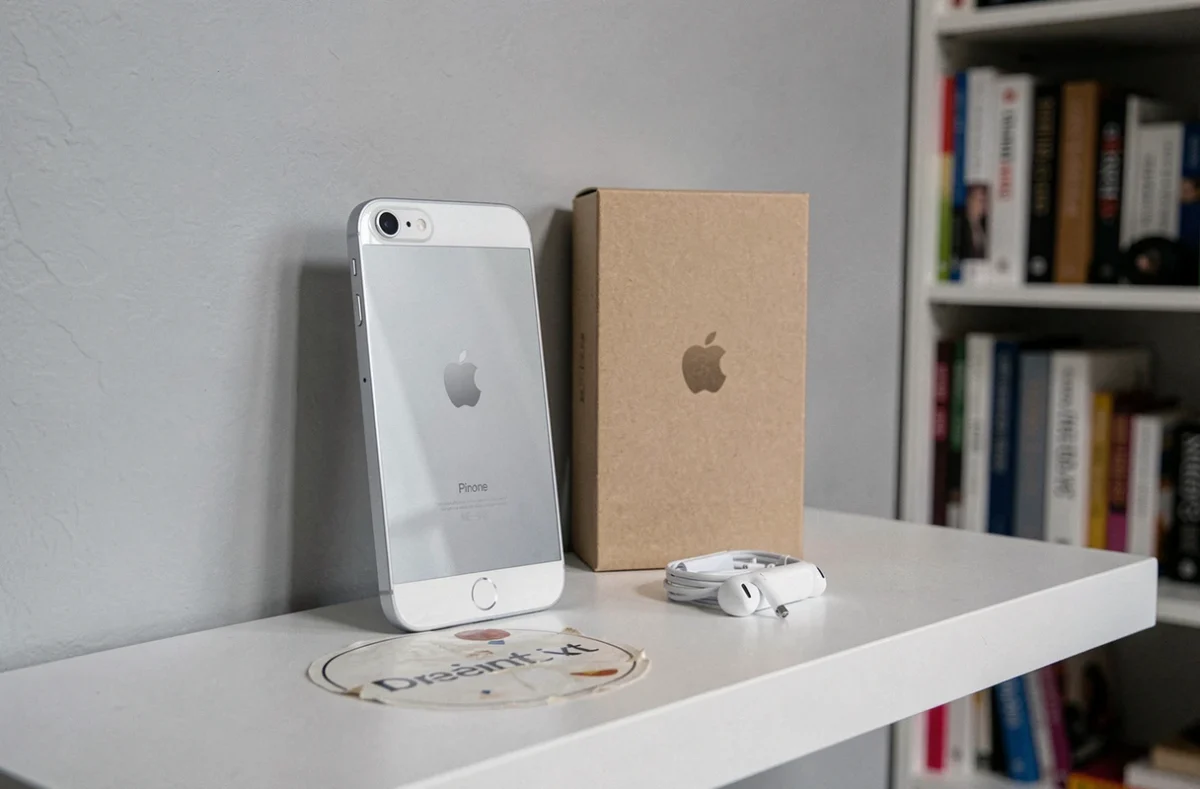 iPhone première génération exposé sur une étagère avec sa boîte d'origine et ses accessoires Apple dans un bureau de collectionneur