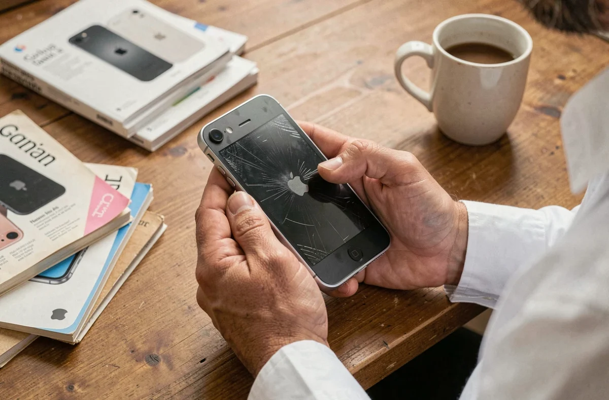 Homme tenant un iPhone 1 première génération posé sur un bureau en bois avec des catalogues Apple vintage