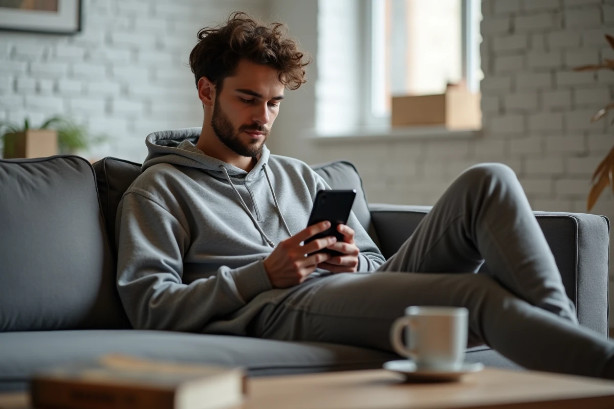 Jeune adulte lisant un ebook sur smartphone confortablement installé dans un appartement minimaliste