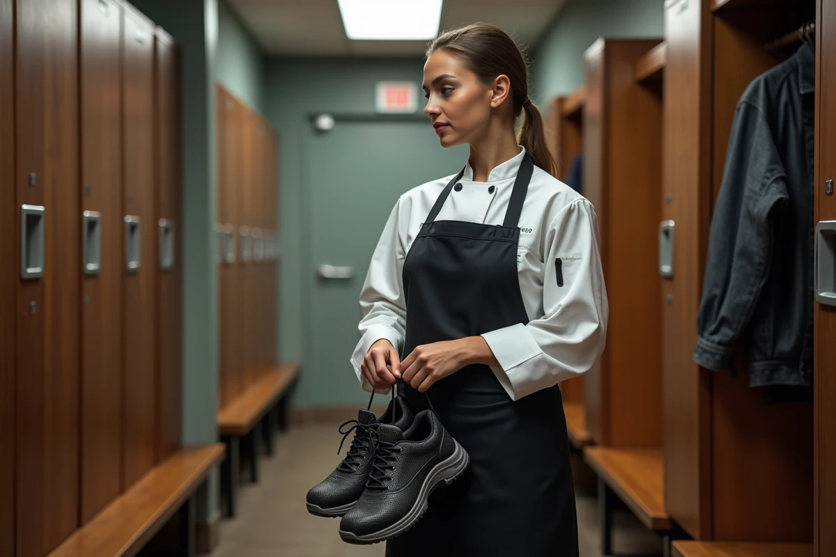 Jeune cuisiniere dans vestiaire tenant ses chaussures de sécurité