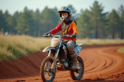 Jeune garçon en motocross sur piste en pleine nature