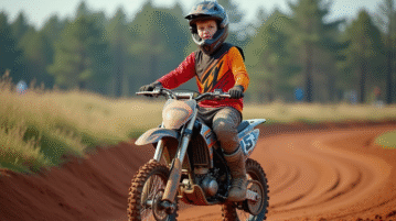 Jeune garçon en motocross sur piste en pleine nature