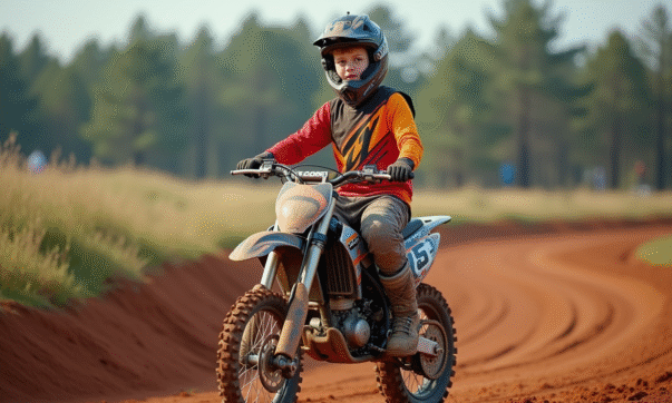 Jeune garçon en motocross sur piste en pleine nature