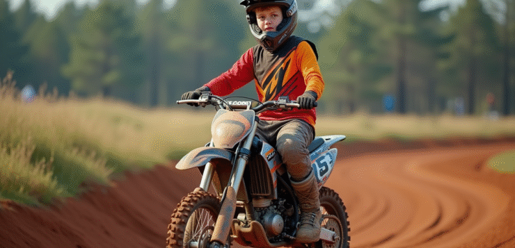 Jeune garçon en motocross sur piste en pleine nature