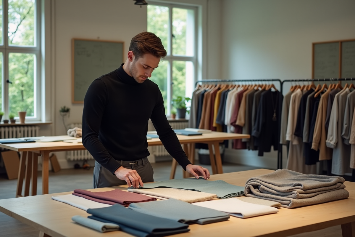 Jeune styliste arrangeant des tissus dans son atelier