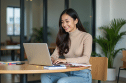 Jeune étudiante assise à un bureau en partage d'étude
