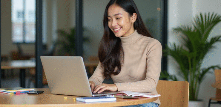Jeune étudiante assise à un bureau en partage d'étude
