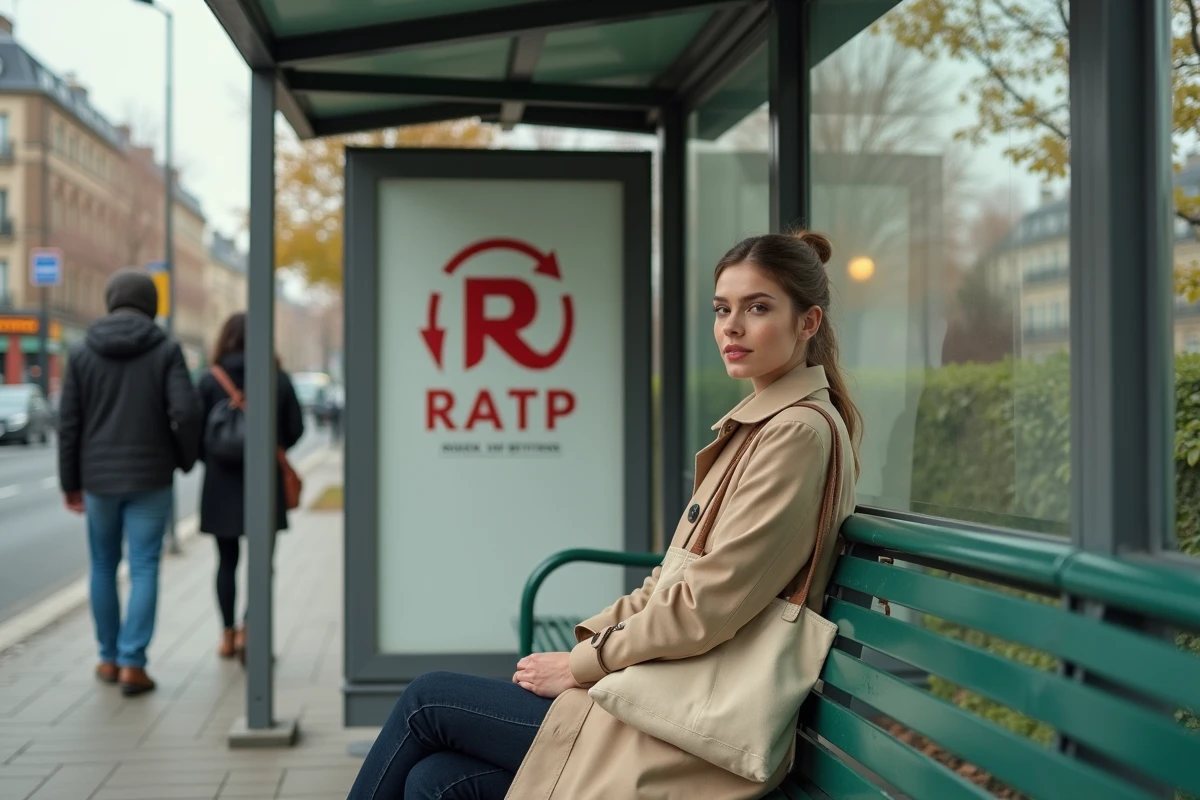 Jeune femme assise à un arrêt de bus avec logo RATP