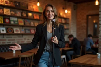 Jeune femme italienne chanteuse dans un café cosy
