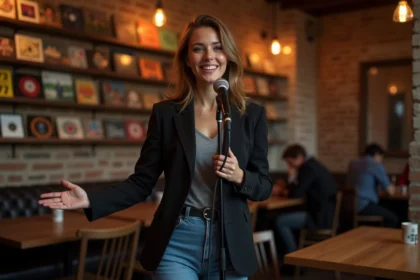 Jeune femme italienne chanteuse dans un café cosy