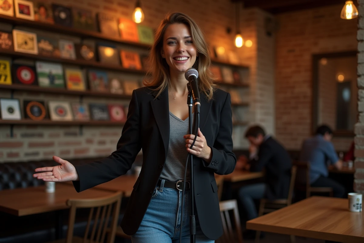 Jeune femme italienne chanteuse dans un café cosy