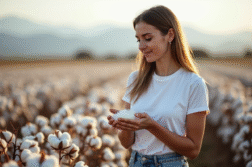 Jeune femme dans un champ de coton examine des fibres naturelles