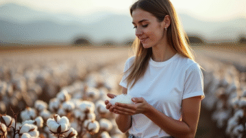 Jeune femme dans un champ de coton examine des fibres naturelles