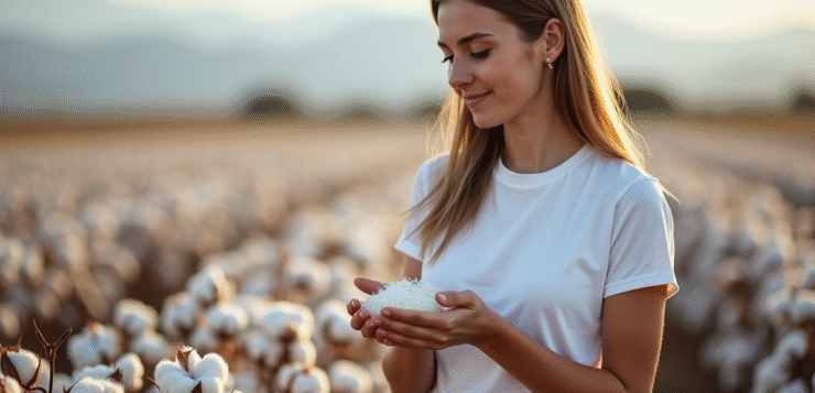 Impact environnemental du jean : comment il influence la planète ? Jeune femme dans un champ de coton examine des fibres naturelles