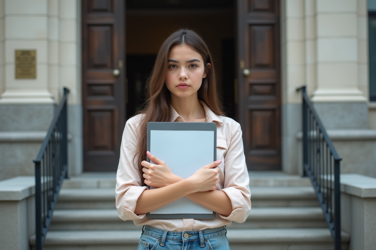 Une jeune femme debout devant un bâtiment officiel avec un dossier