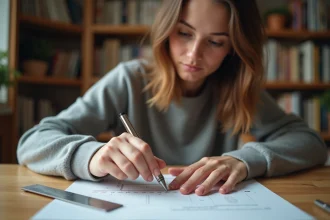 Jeune femme mesurant une ligne avec une règle dans un bureau cosy