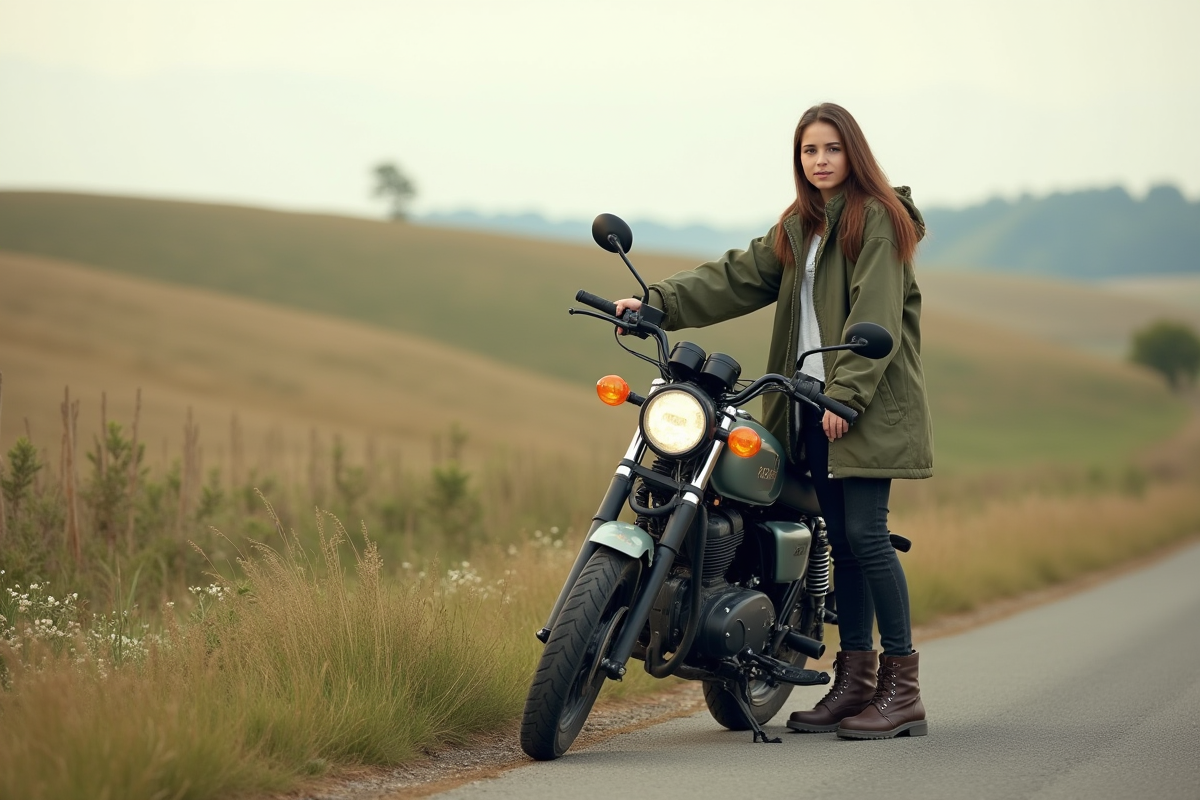 Jeune femme avec moto dans paysage rural paisible