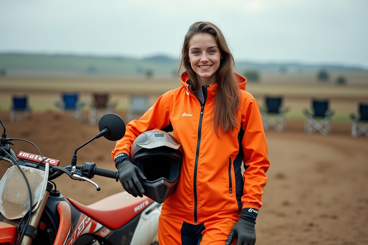 Jeune femme souriante avec moto en zone de pit