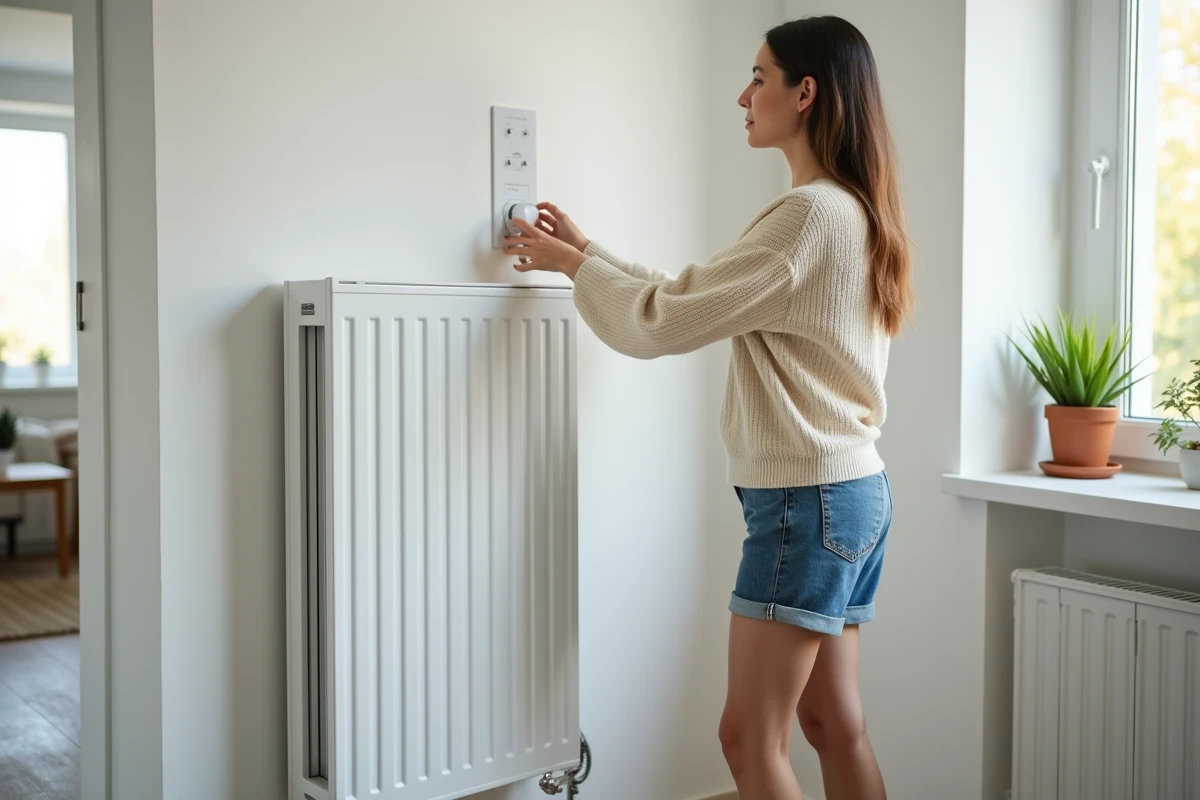 Jeune femme ajustant un radiateur électrique moderne dans un appartement lumineux