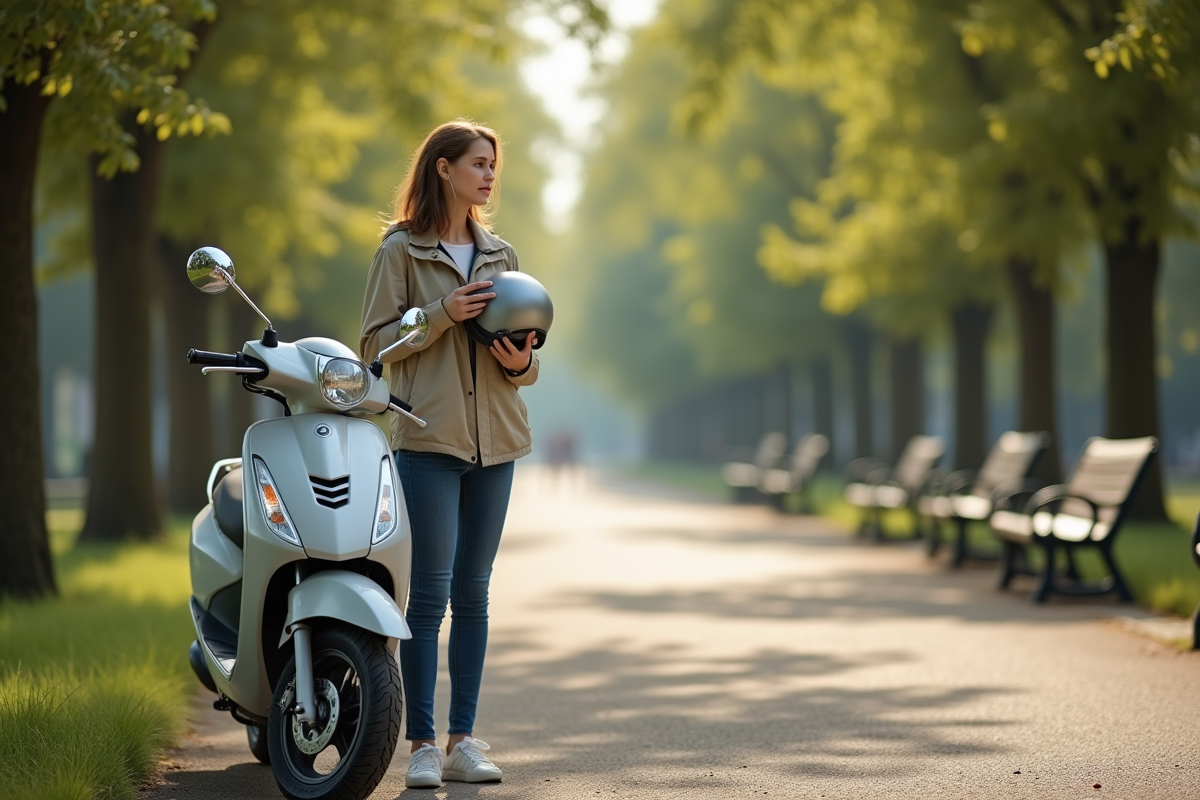 Jeune femme avec casque et scooter dans un parc ensoleille