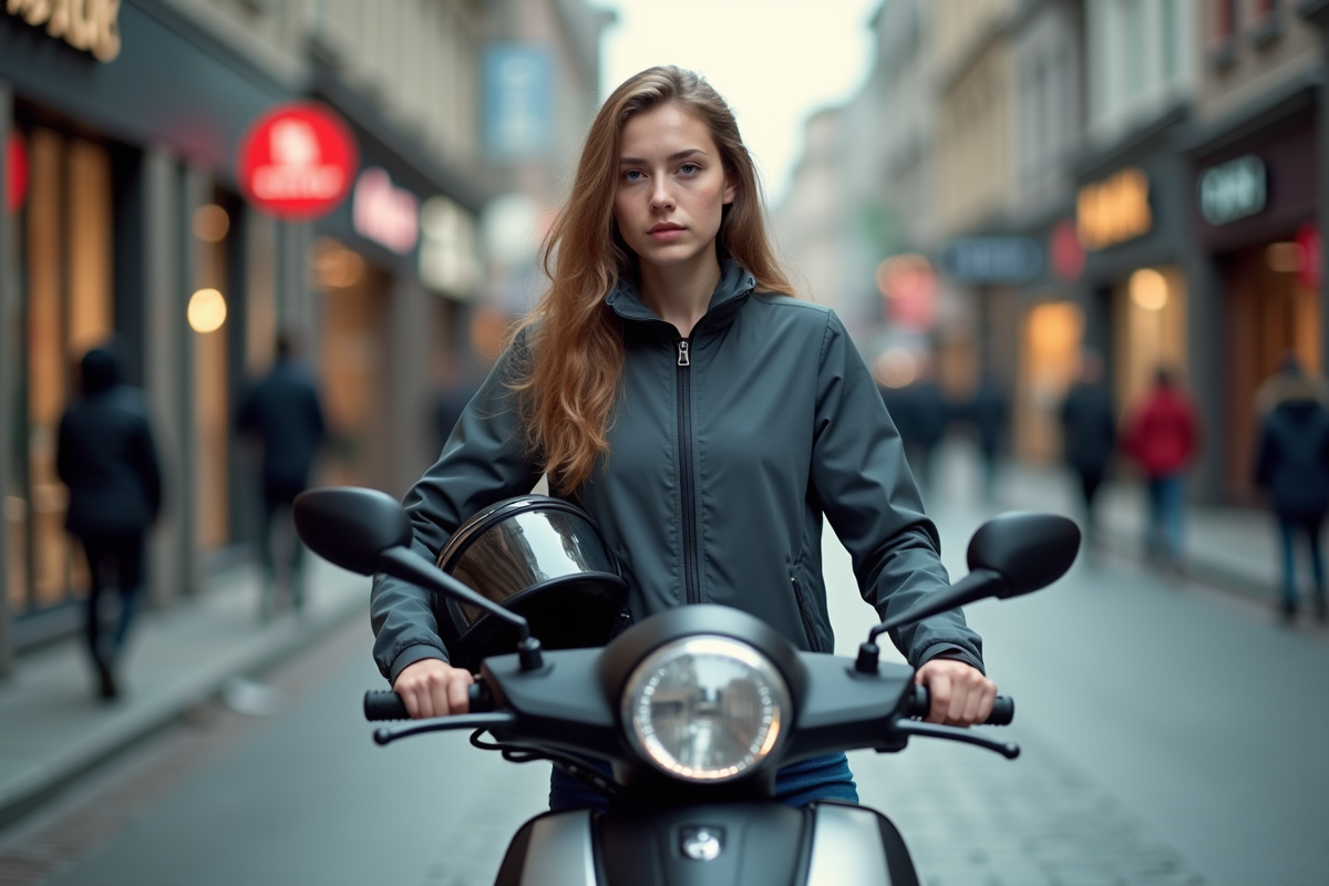 Jeune femme avec casque à côté d’un scooter en ville