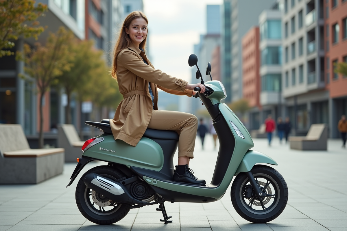 Jeune femme assise sur un scooter 50cc dans une place urbaine animée