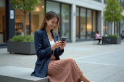 Jeune femme urbaine souriante avec smartphone en ville
