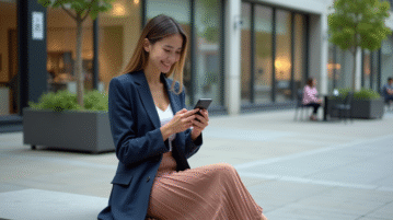 Jeune femme urbaine souriante avec smartphone en ville
