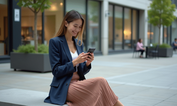 Jeune femme urbaine souriante avec smartphone en ville