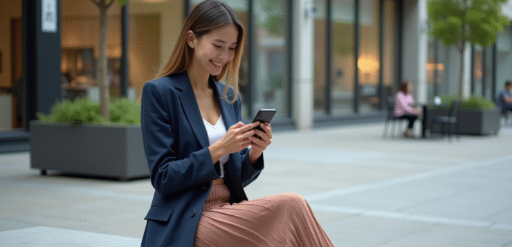 Jeune femme urbaine souriante avec smartphone en ville