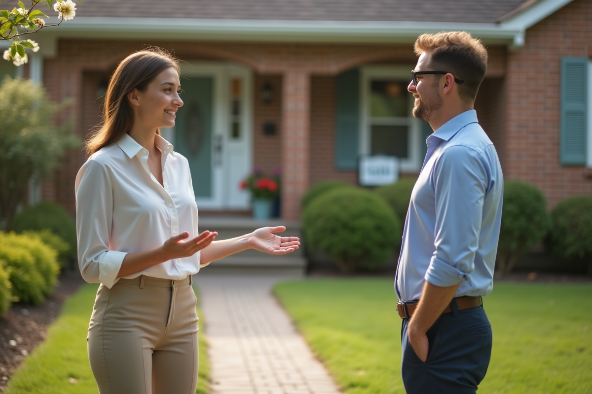 Jeune femme parlant à un couple devant une maison à vendre dans un quartier résidentiel