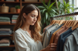 Jeune femme achetant des vêtements durables en friperie