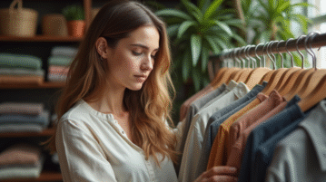 Jeune femme achetant des vêtements durables en friperie