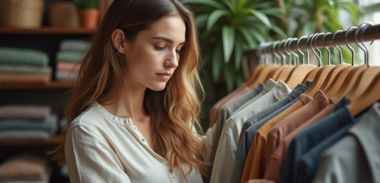 Jeune femme achetant des vêtements durables en friperie