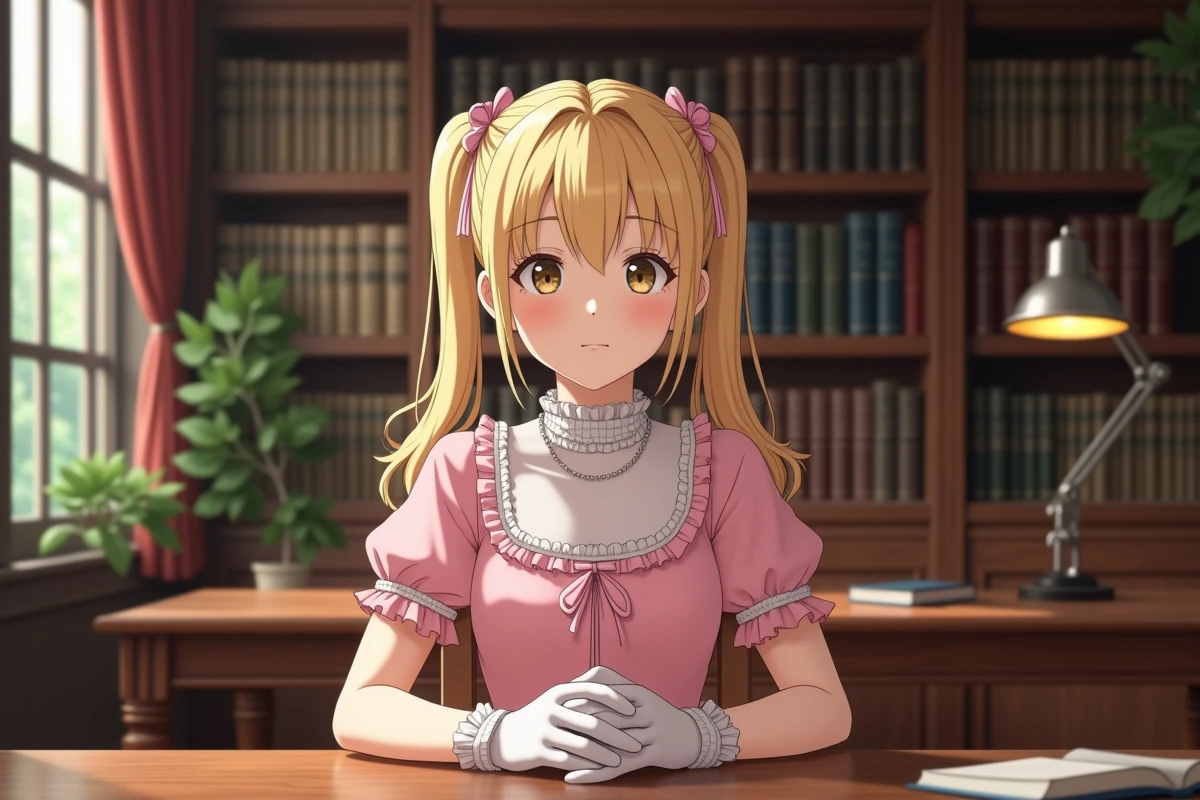 Jeune femme blonde en robe rose dans une bibliothèque